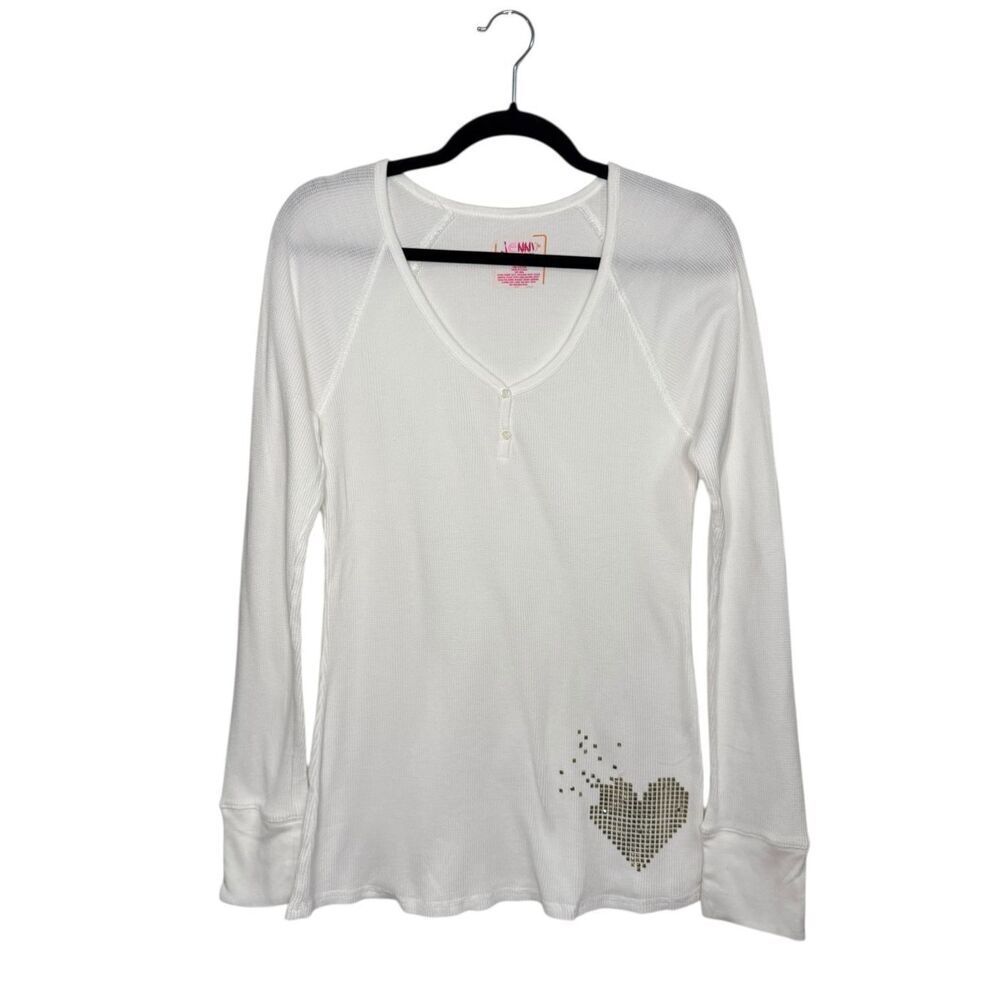 Jenni White Long Sleeve Henley Tee with Stud Heart